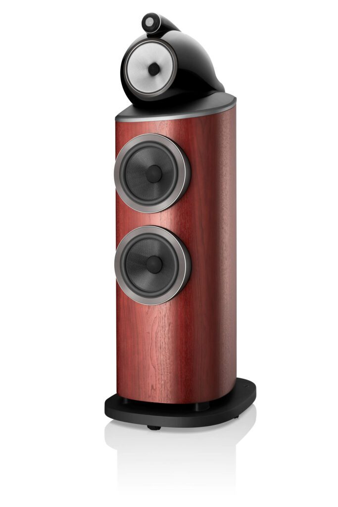 Bowers & Wilkins 802 D4 Satin Rosenut Angled Grille Off with reflection